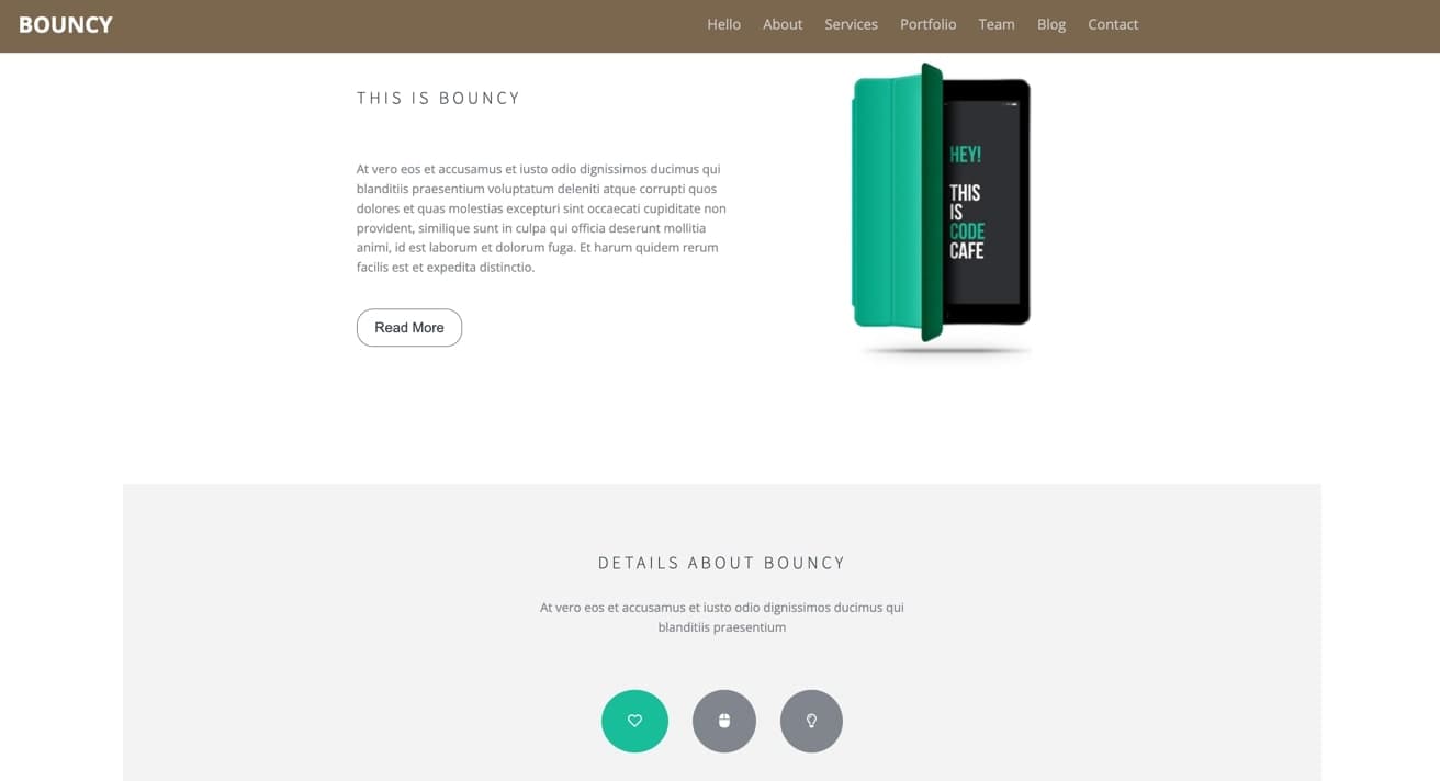 Bouncy landing page about section