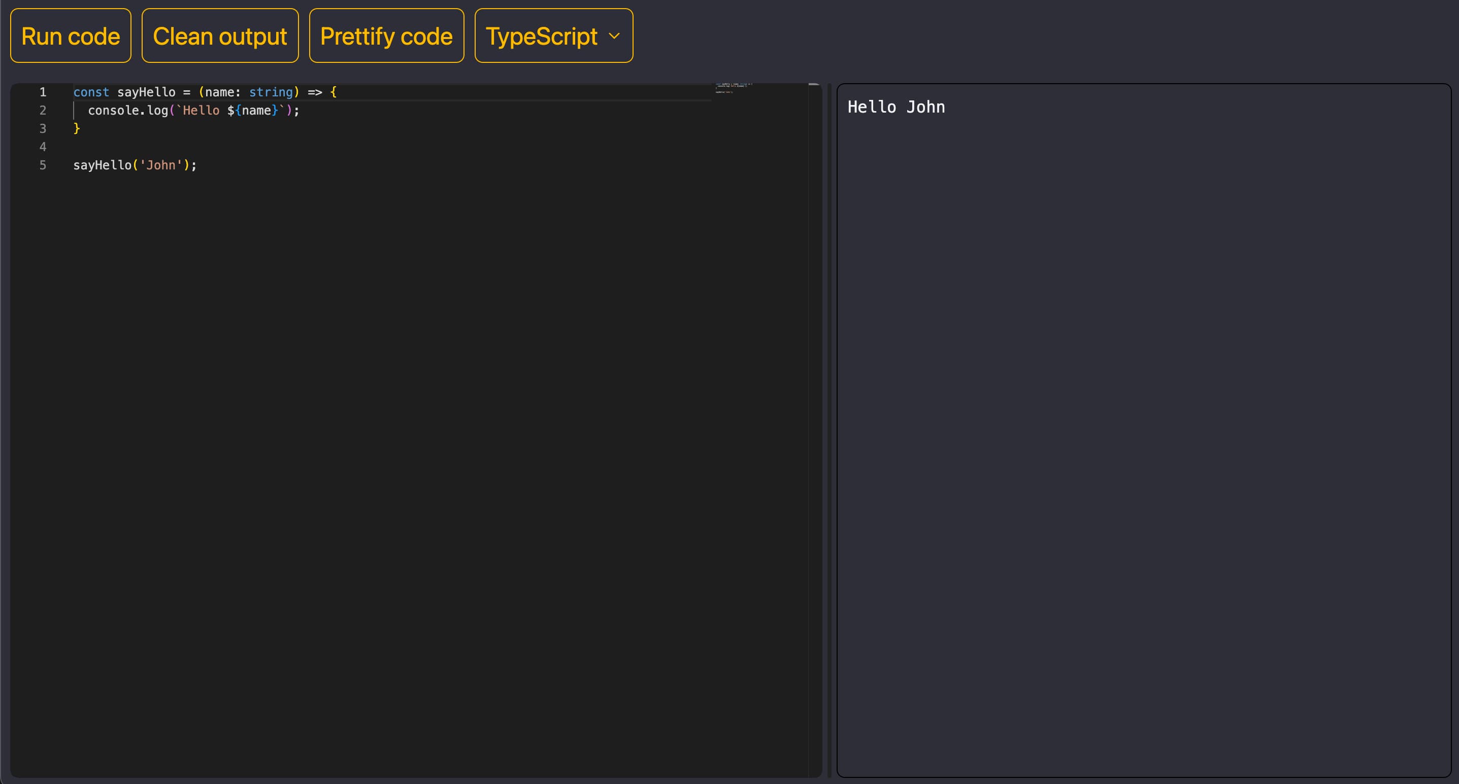 Code editor with TypeScript source and output panels