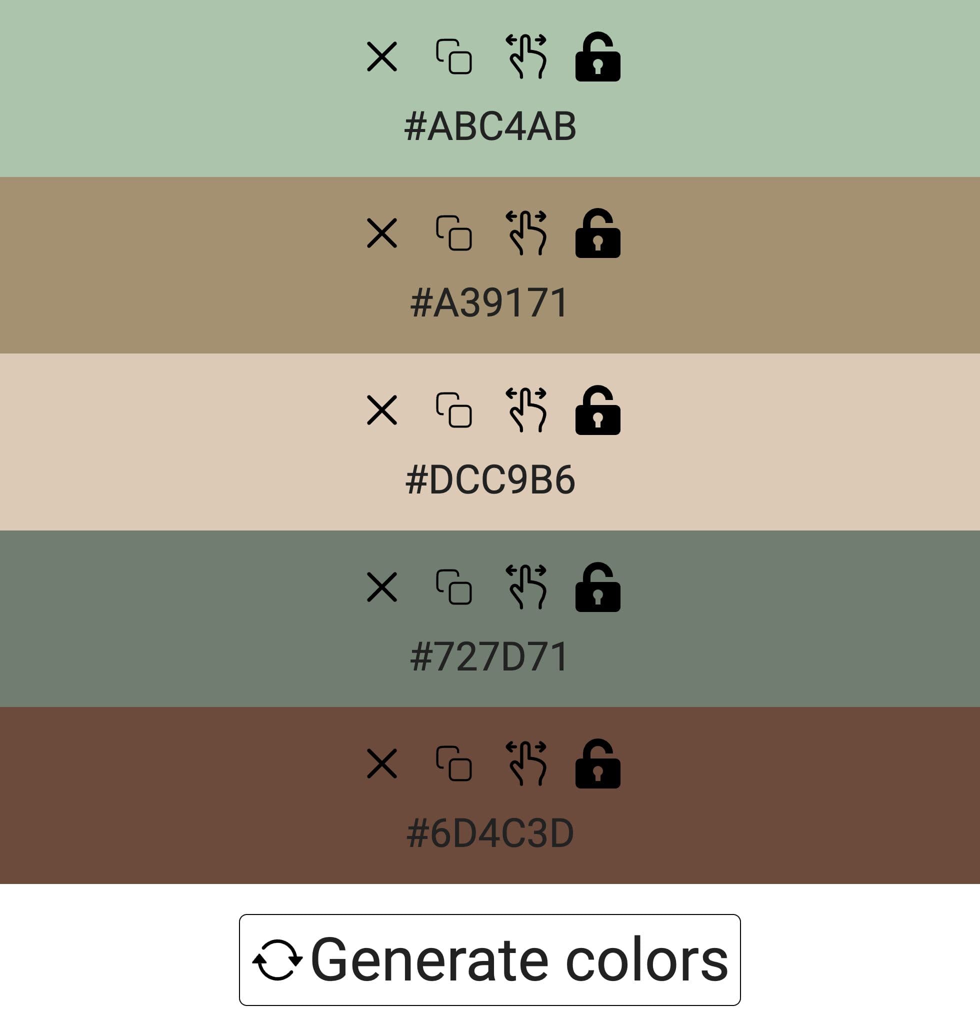 Color Palette with stacked swatches, controls, and hex values