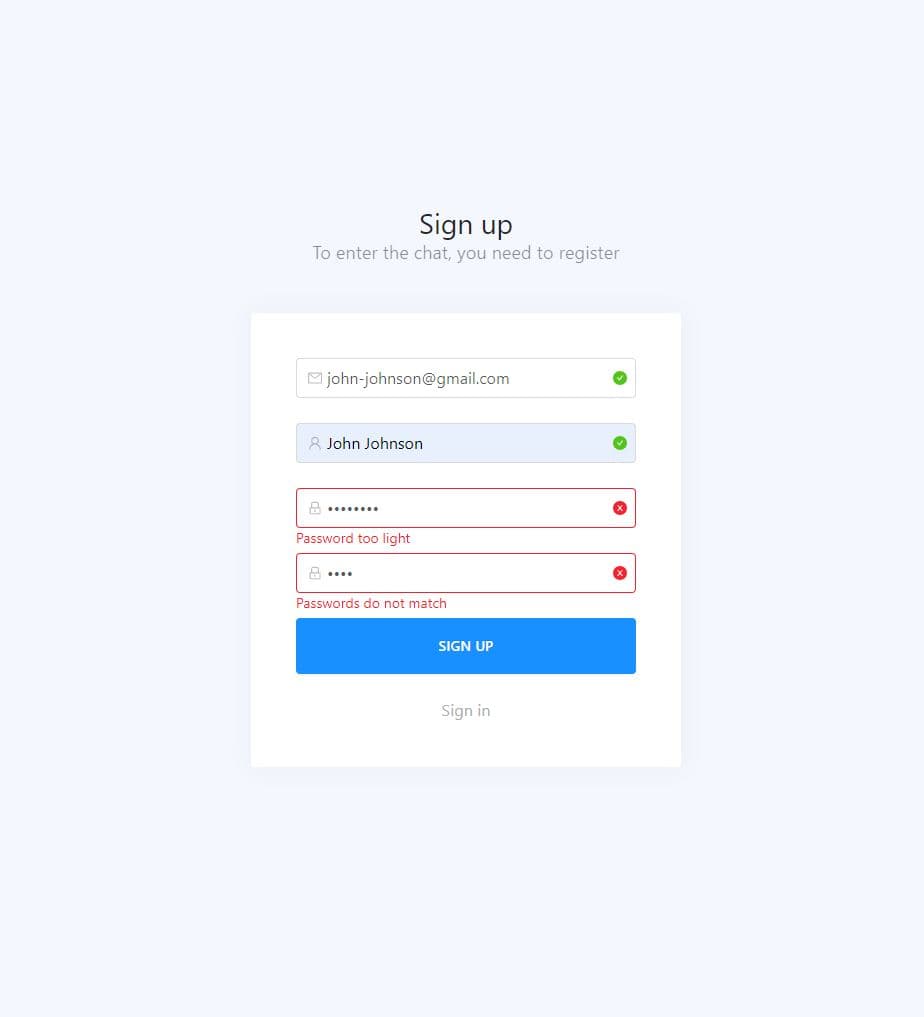 Messenger sign-up form with validation messages