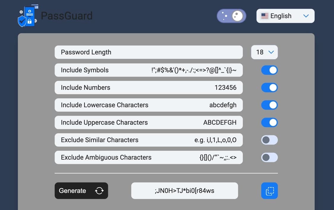 PassGuard password generator in dark theme