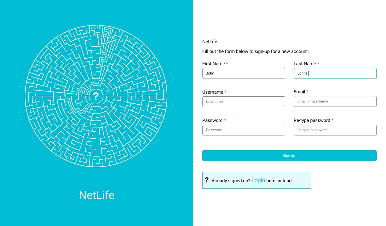 NetLife authentication page with sign-in and registration forms