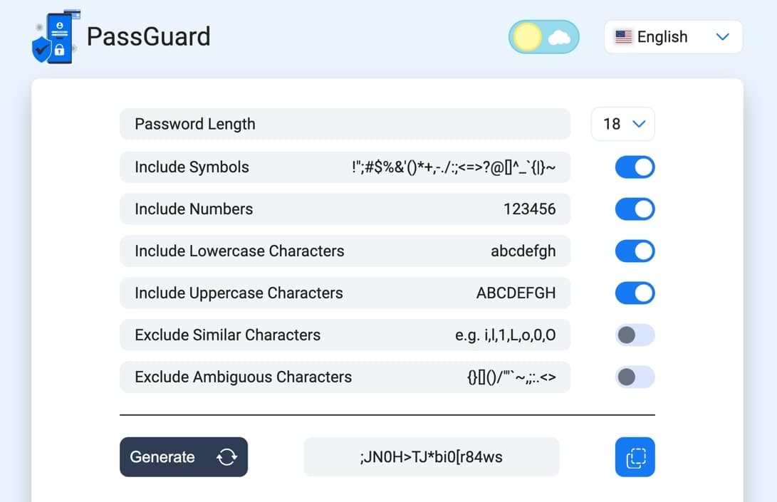 PassGuard password generator in light theme